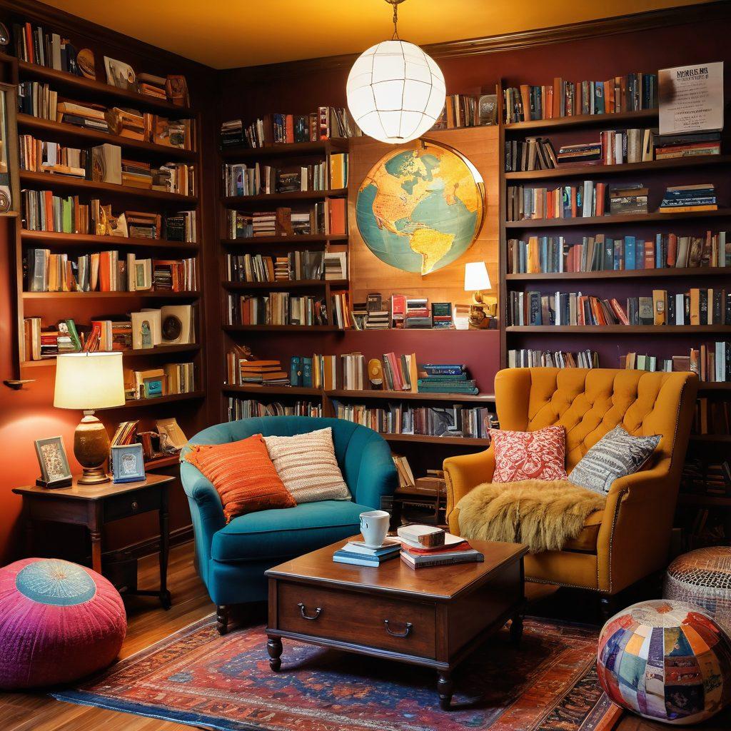 A cozy reading nook filled with diverse books and warm light, highlighting a group of enthusiastic readers discussing intriguing novels together. Include a vintage globe, oversized cushions, and a steaming cup of tea to create an inviting atmosphere. The backdrop should showcase a wall filled with colorful book spines and framed quotes about reading. Keep the scene vibrant and engaging to emphasize the joy of discovering new literature in a community setting. 3D. vibrant colors. warm tones.