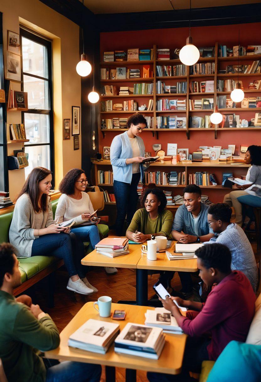 A cozy coffee shop scene featuring diverse individuals engaged in animated discussions, surrounded by stacks of colorful books and digital devices. Include playful elements like book covers and speech bubbles illustrating literary ideas. Portray warm lighting and a welcoming atmosphere to convey a sense of community. super-realistic. vibrant colors. warm tones.